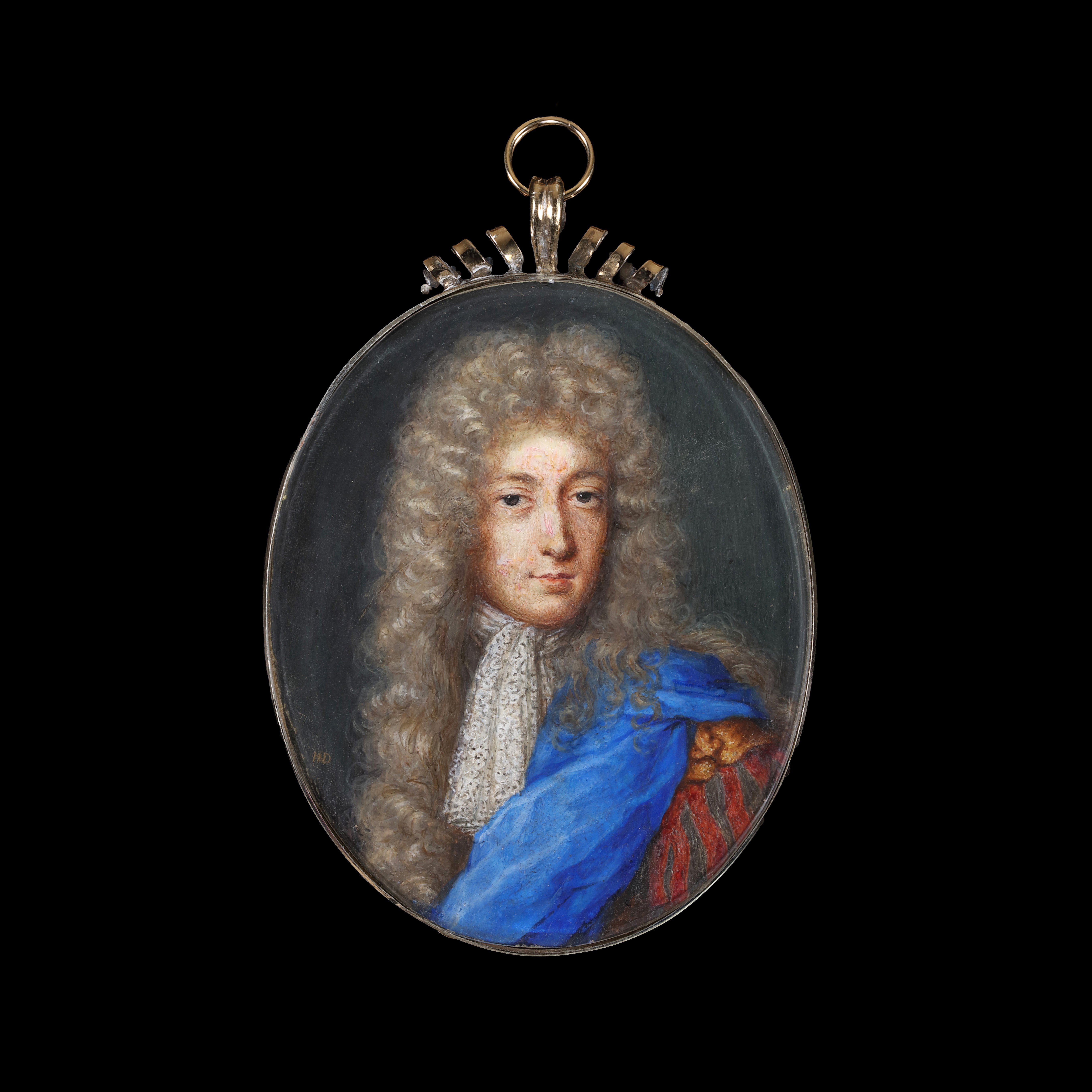 Portrait miniature of a nobleman, facing the right, wearing blue sash, red sleeves with slashes, and lace cravat
